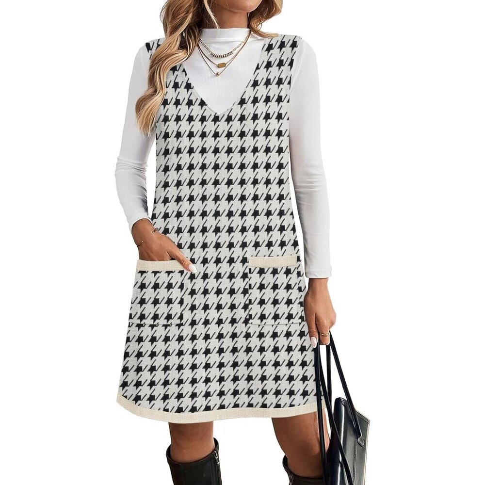 Women's Sweater Vest Dresses V Neck Sleeveless Knit Sweater with Pockets Fall